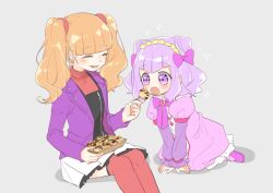  2girls ^_^ aged_down aged_up aihira_(aihira12) aisaki_emiru black_shirt blunt_bangs blush bow brown_hair buttons child closed_eyes collared_dress collared_jacket cone_hair_bun cowboy_shot diamond_button double_bun dress eyelashes feeding feet_out_of_frame food frilled_dress frilled_footwear frilled_skirt frilled_sleeves frills full_body grey_background hair_bow hair_bun hair_ornament hair_scrunchie hairband holding holding_food hugtto!_precure jacket lapels layered_shirt layered_sleeves leaning_forward light_blush long_dress long_hair long_sleeves looking_at_food mary_janes medium_hair miniskirt multiple_girls notched_lapels open_clothes open_jacket open_mouth pantyhose pleated_skirt precure puffy_long_sleeves puffy_short_sleeves puffy_sleeves purple_bow purple_dress purple_eyes purple_hair purple_jacket purple_shoes red_scrunchie red_shirt red_thighhighs role_reversal ruru_amour scrunchie shadow shirt shoes short_over_long_sleeves short_sleeves simple_background skirt smile sparkle takoyaki tareme thighhighs turtleneck turtleneck_shirt twintails wavy_hair white_pantyhose white_skirt yellow_hairband 
