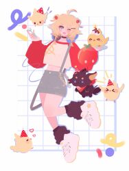  1girl ahoge alternate_costume bird birthday birthday_cake black_choker black_socks blonde_hair blush braid cake chain choker doki_amber_doge_(dokibird) dokibird_(vtuber) dokibird_(vtuber)_(tomato) fang feather_hair food fork full_body gold_chain green_eyes grid_background hair_between_eyes hair_ornament highres holding holding_fork indie_virtual_youtuber l0nari long_sleeves looking_at_viewer midriff navel one_eye_closed open_mouth pointy_ears shoes skin_fang skirt smile sneakers socks suspender_skirt suspenders twin_braids virtual_youtuber yellow_bird 