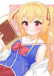  1girl absurdres bare_shoulders blonde_hair blue_shirt blush book border bow bowtie closed_mouth clothing_cutout commentary_request dutch_angle eyelashes hair_between_eyes hair_intakes hair_ribbon hand_up happy heart_cutout highres holding holding_book irotoridori_no_sekai long_hair looking_at_viewer nikaidou_shinku outside_border pink_background red_bow red_bowtie red_eyes red_ribbon ribbon sailor_collar school_uniform serafuku shirt sidelocks simple_background sleeveless sleeveless_shirt smile solo tauiteitoku two_side_up upper_body very_long_hair white_border white_sailor_collar  rating:General score:0 user:danbooru