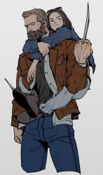  1boy 1girl age_difference child highres jacket laura_kinney logan_(film) logan_(movie) marvel mutant oimkimn old old_man pants shoes sunglasses sunglasses_on_head tagme wolverine_(x-men) x-23 x-men x-men_film_series x_men 