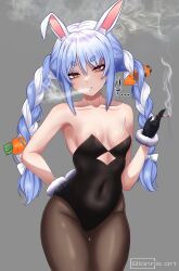  ... 1girl 2023 20s absurdres artist_name bare_shoulders blannis blue_hair braid breasts carrot_hair_ornament cigarette cleavage cleft_of_venus collarbone eyelashes food-themed_hair_ornament gloves gluteal_fold grey_background hair_ornament hand_on_own_hip highres hololive long_hair looking_at_viewer medium_breasts multicolored_hair no_bra orange_eyes pantyhose parted_lips rabbit_ears rabbit_tail simple_background smoking solo standing thighs twin_braids two-tone_hair usada_pekora virtual_youtuber 