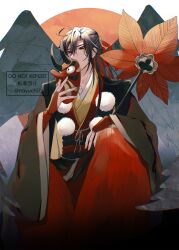  1boy ahoge alternate_costume bird_wings black_eyes black_hair black_kimono black_wings covered_mouth feathered_wings hair_between_eyes hair_down hair_ornament hair_ribbon hakama half_updo hand_fan hand_up haori highres holding holding_fan holding_mask japanese_clothes kimono leaf long_hair long_sleeves looking_at_viewer male_focus mask modao_zushi multicolored_kimono natttume official_alternate_hairstyle pom_pom_(clothes) ponytail red_kimono red_ribbon ribbon sash sitting solo tassel tengu tengu_mask twitter_username watermark wei_wuxian wei_wuxian_(yiling_laozu) white_background wide_sleeves wings 