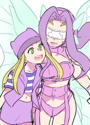  2girls :d absurdres belt bikini blonde_hair breasts butterfly_hair_ornament butterfly_wings commentary_request covered_eyes cowboy_shot cropped_shirt digimon digimon_(creature) digimon_frontier facial_mark fairimon flat_chest garter_straps gloves gotm_tknr green_eyes hair_ornament hairband hat head-mounted_display highres insect_wings large_breasts long_hair looking_at_another midriff multiple_girls navel open_clothes open_mouth open_vest orimoto_izumi parted_bangs pencil_skirt purple_belt purple_bikini purple_hair purple_hairband purple_hat purple_shirt purple_skirt purple_vest shirt short_sleeves shoulder_pads skirt smile standing striped_clothes striped_shirt swimsuit teeth vest white_background wings  rating:Sensitive score:11 user:danbooru