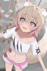  1girl absurdres animal_ear_fluff belt blonde_hair blue_eyes collarbone commentary cowboy_shot crop_top crossed_bangs double-parted_bangs english_commentary food hair_between_eyes hair_intakes highres hololive hololive_english long_bangs looking_up lucien_000298 midriff mococo_abyssgard motion_lines multicolored_hair nattou navel off-shoulder_shirt off_shoulder open_mouth outstretched_arms pink_belt pink_hair print_shirt raised_inner_eyebrows shirt short_hair short_shorts short_sleeves shorts solo spread_arms standing streaked_hair tail tearing_up trembling wavy_mouth white_shirt white_shorts 