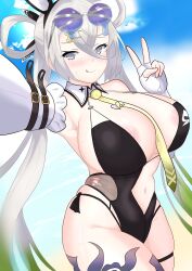  1girl absurdres animal_ears areola_slip bare_shoulders black_one-piece_swimsuit breasts cleavage covered_erect_nipples eyewear_on_head fake_animal_ears fate/grand_order fate_(series) green_necktie grey_eyes grey_hair hair_rings highleg highleg_one-piece_swimsuit highres huyan_zhuo_(fate) huyan_zhuo_(swimsuit)_(fate) large_breasts licking_lips long_hair looking_at_viewer multicolored_hair navel necktie one-piece_swimsuit plunging_neckline rabbit_ears smile solo streaked_hair sunglasses swimsuit textless_version tongue tongue_out tucv5345 