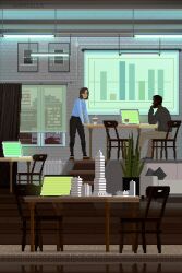  1boy 1girl animated animated_gif cityscape coffee commission computer creature diorama flickering graph indoors lego office original photo_(object) picture_frame pixel_art plant potted_plant stairs steam waneella when_you_see_it  rating:General score:1 user:danbooru