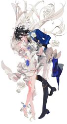  1boy 1girl aiguillette arm_garter black_boots black_hair blue_jacket boots breasts bridal_veil closed_mouth commission commissioner_insert dress elbow_gloves ensemble_stars! eye_contact floating flower full_body gloves high_heels highres jacket knee_boots long_hair long_sleeves looking_at_another military_uniform oc_x_canon original outstretched_arm pants parted_lips petals pink_eyes red_eyes rose sakuma_rei_(ensemble_stars!) shoes short_dress simple_background small_breasts solardark09 strap veil very_long_hair white_background white_dress white_flower white_gloves white_hair white_pants white_rose white_shoes 