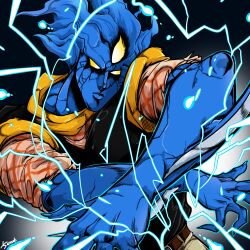  1boy arm_blade artist_name baoh baoh_raihousha belt black_vest blue_skin brown_belt colored_skin cracked_skin electricity fingernails glowing glowing_eyes highres lips no_pupils pants sharp_fingernails short_sleeves solo tirinyu vest weapon white_pants yellow_eyes 