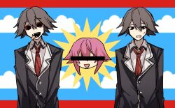  2boys bar_censor black_hair black_jacket censored censored_identity cloud cloudy_sky czzs2023 evil_grin evil_smile fangs grin highres itou_shinji_(chaos;child) jacket looking_to_the_side mesmerizer_(vocaloid) multiple_boys multiple_persona necktie nervous_smile onoe_serika parody pink_hair red_eyes red_necktie school_uniform shirt short_hair sidelocks sky smile star_(symbol) sweatdrop tongue tongue_out white_shirt 