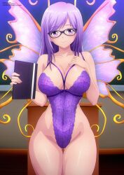  1girl antennae blush book borrowed_character bow breasts chalkboard classroom cleavage collarbone commission fairy fairy_wings floral_print glasses hand_on_own_chest highleg highleg_leotard holding holding_book large_breasts leotard long_hair looking_at_viewer michele_force original podium print_leotard purple_bow purple_eyes purple_hair purple_leotard smile standing teacher wings zel-sama 