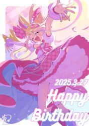  1girl :d arm_warmers arms_up blonde_hair blurry boots border bow bow-shaped_hair brooch choker circle_skirt closed_eyes coattails colored_shoe_soles crop_top cure_idol dated depth_of_field detached_sleeves drill_hair hair_between_eyes hair_bow hair_ornament halterneck happy happy_birthday headset heart heart_brooch heart_hair_ornament highres jewelry kimi_to_idol_precure knee_boots long_hair magical_girl midriff multicolored_hair open_mouth paru_rari petticoat pink_hair pink_ribbon pink_skirt precure puffy_short_sleeves puffy_sleeves ribbon sakura_uta_(precure) short_sleeves single_arm_warmer skirt smile solo standing standing_on_one_leg twin_drills two-tone_hair two_side_up very_long_hair white_boots wrist_cuffs 