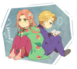  ... 2boys back-to-back bandaid bandaid_on_head blanket blonde_hair book commentary_request crying diamond_wa_kudakenai diavolo food_print full_body holding holding_book jacket jitome jojo_no_kimyou_na_bouken kira_yoshikage knees_up long_hair looking_down male_focus multiple_boys mushroom_print no_shoes open_book pants pink_hair reading red_eyes short_hair sitting socks spoken_ellipsis spotted_hair striped_clothes striped_socks tears vento_aureo wavy_mouth wryyyyyyyyyyyyyyyyyyyy yabu_(yb8548) yellow_eyes 