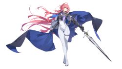 1girl ahoge aiguillette alpha_transparency argyle_cutout black_cape black_gloves blue_cape blue_eyes bodysuit bow cape cape_hold clothing_cutout commentary counter:side covered_navel cropped_jacket crossed_legs english_commentary epaulettes esterosa_de_chevalier floating_cape floating_hair full_body gauntlets gloves gluteal_fold gold_trim hair_ornament half_gloves head_tilt highres holding holding_sword holding_weapon light_smile long_hair looking_at_viewer official_alternate_hairstyle official_art pink_hair ponytail purple_bow single_gauntlet single_half_glove skindentation solo standing sword tachi-e thigh_strap two-sided_cape two-sided_fabric very_long_hair watson_cross weapon white_bodysuit 