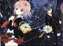  1boy 1girl absurdres armor black_jacket black_pants blazer blue_eyes blue_hair dumpty_key_(shugo_chara!) hair_ornament half_updo high_ponytail highres hinamori_amu humpty_lock_(shugo_chara!) jacket long_sleeves necktie non-web_source official_art orange_eyes pants peach-pit pink_hair plaid_clothes plaid_skirt ponytail red_armor red_necktie red_skirt scan school_uniform seiyo_academy_school_uniform short_hair shugo_chara! skirt sky star_(sky) starry_sky tsukiyomi_ikuto x_hair_ornament 