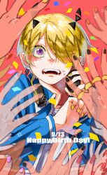  1boy absurdres babyls_school_uniform black_nails blonde_hair confetti earrings hair_over_one_eye happy_birthday headphones headphones_around_neck highres jewelry kr27 mairimashita!_iruma-kun multiple_rings orange_nails pink_nails purple_eyes purple_nails red_background red_nails ring school_uniform shax_lead upper_body yellow_nails 