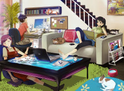  3girls barefoot black_hair blush brown_hair cat computer computer_keyboard couch digital_media_player dog dragon_quest drawing_(action) drawing_tablet feet indoors ipod ipod_classic laptop leggings long_hair lying multiple_girls rilakkuma san-x shigureteki short_hair sleeping slice_of_life slime_(creature) slime_(dragon_quest) socks  rating:Sensitive score:7 user:danbooru