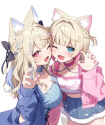  2girls ;d absurdres akabino animal_ear_fluff animal_ears blonde_hair blue_choker blue_eyes blue_hair blue_jacket blue_nails blue_shirt blue_skirt braid breasts cheek-to-cheek choker claw_pose cleavage clothes_writing collar commentary_request cropped_shirt dog_ears dog_girl dog_tail fangs frilled_choker frilled_shirt frills fur-trimmed_skirt fur_trim fuwawa_abyssgard fuwawa_abyssgard_(casual) hair_intakes hair_ornament hairclip half_up_braid hand_up heads_together highres hololive hololive_english hood hooded_jacket jacket large_breasts long_hair looking_at_viewer miniskirt mococo_abyssgard mococo_abyssgard_(casual) multicolored_hair multiple_girls nail_polish off_shoulder official_alternate_costume one_eye_closed open_mouth pink_collar pink_eyes pink_hair pink_jacket pink_nails shirt short_hair siblings simple_background sisters skin_fangs skirt smile streaked_hair tail transparent_background twins two_side_up virtual_youtuber white_shirt x_hair_ornament 