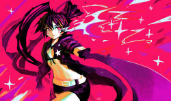 1girl andaerz belt bikini black_hair black_rock_shooter black_rock_shooter_(character) black_shorts flaming_eye front-tie_bikini_top front-tie_top highres long_hair pale_skin scar shorts solo star_(symbol) swimsuit sword twintails uneven_twintails weapon 