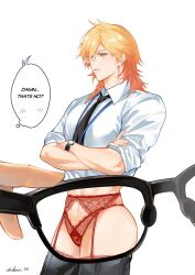  2boys black_necktie blonde_hair braid crossdressing crossed_arms danzi_03 english_text eyewear_view gradient_hair highres honkai:_star_rail honkai_(series) large_pectorals long_sleeves male_focus multicolored_hair multiple_boys mydei_(honkai:_star_rail) necktie orange_hair panties pectorals phainon_(honkai:_star_rail) red_panties shirt simple_background spoken_blush teeth thighs twitter_username underwear watch white_background white_shirt wristwatch x-ray_glasses x-ray_vision yaoi 