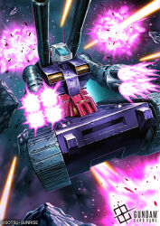  amasaki_yusuke asteroid battle cannon debris earth_federation firing gundam guntank mecha mecha_focus mobile_suit_gundam no_humans official_art robot science_fiction space  rating:General score:2 user:danbooru