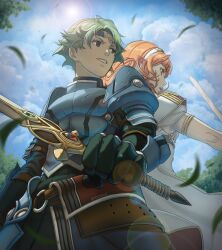  1boy 1girl alm_(fire_emblem) armor back-to-back belt black_gloves blue_armor blue_sky breastplate cape celica_(fire_emblem) cloud cloudy_sky commentary couple dress earrings english_commentary falchion_(fire_emblem) field fire_emblem fire_emblem_echoes:_shadows_of_valentia gloves grass green_eyes green_hair hetero highres holding holding_sword holding_weapon jewelry leaf long_hair maze_draws nintendo orange_eyes orange_hair prince princess red_eyes red_hair short_hair sky sword tiara tree weapon white_armor white_dress 