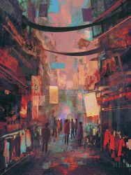  6+others city clothes_rack dkaism entrance faceless jacket limited_palette market_stall multiple_others original painterly people road scenery shirt sign street 
