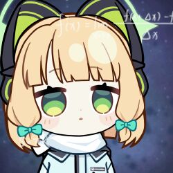  1girl :&lt; animal_ear_headphones animal_ears animated animated_gif aqua_jacket blonde_hair blue_archive blunt_bangs blunt_ends blush_stickers bow cat_ear_headphones cat_ears chunye_haruya commission confused dot_nose fake_animal_ears gloves green_bow green_eyes green_halo hair_bow halo headphones jacket low-tied_sidelocks lowres math_lady_(meme) meme midori_(blue_archive) midori_(winter)_(blue_archive) missing_commentary no_pupils official_alternate_costume parted_lips scarf second-party_source short_hair sidelocks solo star_(sky) starry_sky_background triangle_mouth upper_body white_scarf winter_clothes 