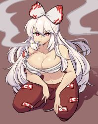  1girl absurdres bow breasts brown_background chest_sarashi cigarette fujiwara_no_mokou full_body hair_bow highres large_breasts long_hair looking_at_viewer missandydandy multiple_hair_bows navel no_shirt pants red_eyes red_pants red_shoes sarashi shoes smoke smoking solo squatting touhou very_long_hair white_bow white_hair 