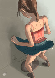1girl back blue_skirt brown_hair camisole clothes_lift din_(pixiv25800872) dripping electric_fan electrical_outlet floor flying_sweatdrops from_above from_behind grey_background hand_fan looking_down original panties panty_peek ponytail signature simple_background skirt skirt_lift socks squatting summer sweat sweaty_clothes underwear uniform wall rating:Questionable score:88 user:danbooru