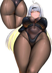  1girl absurdres ahoge ass black_bra black_panties bodystocking bra breasts brown_pantyhose covered_navel cropped_legs curvy from_below grey_hair hair_ornament highres large_breasts long_hair looking_at_viewer multiple_views nicchi panties panties_over_pantyhose pantyhose simple_background thighs underwear very_long_hair white_background yellow_eyes yixuan_(zenless_zone_zero) zenless_zone_zero 