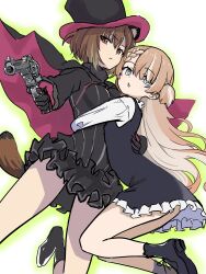  2girls absurdres ange_(princess_principal) ange_(princess_principal)_(cosplay) animal_ear_fluff animal_ears black_gloves black_shoes blonde_hair blue_eyes braid breasts brown_eyes brown_hair colored_inner_hair commentary cosplay cyon_hart dress english_commentary frilled_dress frills frown gloves green_outline gun hair_between_eyes hat highres holding holding_gun holding_weapon hug meeta_osita multicolored_hair multiple_girls outline princess_(princess_principal) princess_(princess_principal)_(cosplay) princess_principal raccoon_ears raccoon_girl raccoon_tail second-party_source shoelaces shoes streaked_hair tail takerou top_hat v&amp;u_entertainment weapon white_background 