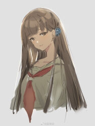 1girl bad_link blue_flower flower grey_eyes grey_hair highres idolmaster idolmaster_cinderella_girls idolmaster_cinderella_girls_starlight_stage kobayakawa_sae long_hair necktie red_necktie school_uniform solo wenquangua 