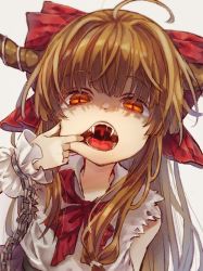 1girl ahoge bad_id bad_pixiv_id bare_shoulders beige_background bow bowtie brown_hair chained_wrists commentary_request cuffs fangs female_focus finger_in_own_mouth frilled_sleeves frills hair_bow hand_up horns ibuki_suika long_hair looking_at_viewer mouth_pull oni oni_horns open_mouth orange_eyes peipei red_bow red_bowtie saliva shackles shirt simple_background sleeveless sleeveless_shirt slit_pupils solo tongue touhou upper_body uvula white_shirt wrist_cuffs rating:Sensitive score:46 user:danbooru