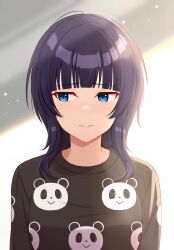  1girl animal_print asaka_karin bear_print black_shirt blue_eyes blue_hair blunt_bangs boncha commentary_request highres light_particles looking_to_the_side love_live! love_live!_nijigasaki_high_school_idol_club medium_hair panda_print shirt solo sunlight 