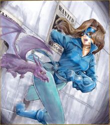  1girl animification aqua_pants blue_footwear blue_gloves blue_mask blue_shirt boots breasts brown_eyes brown_hair clenched_hand cowboy_shot dragon eye_mask gloves highres intangible kitty_pryde lockheed long_hair long_sleeves marvel medium_breasts open_mouth pants popped_collar puffy_long_sleeves puffy_sleeves rodrigo_yoshimiya running shadowcat shirt smile superhero_costume tile_wall tiles wanted_poster wavy_hair x-men 
