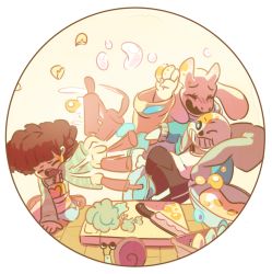  1boy 1girl afterimage androgynous animal_ears apron broccoli broken_egg character_request closed_eyes cooking egg egg_yolk fang frisk_(undertale) furry goat_ears knife left-handed puzzlething round_image sans_(undertale) skeleton snail swinging toriel undertale 