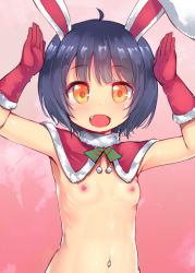 ahoge animal_ears black_hair blush breasts christmas commentary_request fang gloves gochuumon_wa_usagi_desu_ka? jouga_maya loli looking_at_viewer navel nipples open_mouth panbai rabbit_ears short_hair small_breasts smile solo yellow_eyes rating:Questionable score:192 user:danbooru