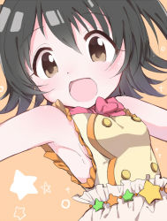  1girl armpits black_hair blush breasts brown_eyes caracorn female_focus open_mouth sideboob simple_background small_breasts solo tagme  rating:Sensitive score:1 user:ytldhd