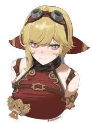  1girl absurdres azisugito blonde_hair breasts closed_mouth goggles goggles_on_head hair_ribbon highres hololive hololive_indonesia kaela_kovalskia kaela_kovalskia_(4th_costume) large_breasts looking_at_viewer official_alternate_costume red_eyes red_ribbon ribbon simple_background solo virtual_youtuber white_background 
