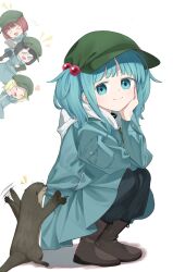  4girls black_hair black_pants blonde_hair blue_hair blue_raincoat boots dark_haired_kappa glasses glasses_kappa green_headwear hair_bobbles hair_ornament head_rest heart highres hood hood_down kappa_mob_(touhou) kawashiro_nitori keiki8296 looking_at_viewer multiple_girls notice_lines otter pants peeking_out raincoat red_hair rubber_boots smile squatting touhou two_side_up 