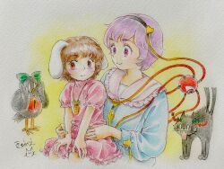  0_0 2girls animal_ears black_hairband blue_shirt blush bow brown_hair buttons carrot_necklace collar dress floppy_ears gradient_background green_bow hair_raising hairband heart_button highres inaba_tewi jewelry kaenbyou_rin kaenbyou_rin_(cat) komeiji_satori multiple_girls necklace pink_dress pink_hair purple_eyes q-bee_(aaru) rabbit_ears red_eyes reiuji_utsuho reiuji_utsuho_(bird) shirt short_hair sitting sitting_on_lap sitting_on_person smile squiggle surprised third_eye touhou traditional_media white_background white_collar yellow_background 