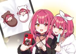  2girls alternate_hairstyle black_hoodie blush breasts cellphone dead_ma&#039;am&#039;s_chest_(houshou_marine) earrings food fur-trimmed_hood fur_trim hairband heterochromia holding holding_food holding_phone holding_popsicle hololive hood hoodie houshou_marine jewelry long_hair medium_breasts medium_hair multiple_girls open_mouth phone popsicle red_eyes red_hair ribbon smartphone smile torinokawori virtual_youtuber white_hairband white_ribbon yellow_eyes 