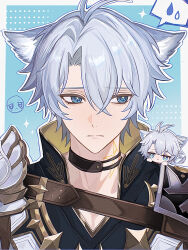  1boy animal_ears antenna_hair armor bbm8873 blue_background blue_eyes chibi closed_mouth commentary_request dual_persona expressionless grey_hair hair_between_eyes highres honkai:_star_rail honkai_(series) kemonomimi_mode looking_at_viewer male_focus neck_tattoo pauldrons phainon_(honkai:_star_rail) portrait short_hair shoulder_armor simple_background single_pauldron speech_bubble spoken_sweatdrop sun_symbol sun_tattoo sweatdrop tan tattoo 