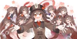  1girl alternate_costume animal_ears black_nails blush boo_tao_(genshin_impact) brown_hair candy chocolate chocolate_heart closed_mouth demon_horns fake_animal_ears flower flower-shaped_pupils food genshin_impact glasses gya_(144) hair_between_eyes hair_ornament hat heart heart-shaped_food holding holding_chocolate holding_food horns hu_tao_(genshin_impact) japanese_clothes kimono long_hair long_sleeves multiple_views open_mouth rabbit_ears red_eyes smile symbol-shaped_pupils tassel teeth tongue tongue_out twintails very_long_hair x_hair_ornament 