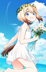  1girl barefoot beach blonde_hair blue_eyes contrail dog_tail dress erica_hartmann flower flower_on_head flower_wreath highres holding holding_flower multicolored_hair panties_visible_through_clothes see-through_clothes sky smile splashing strike_witches sundress tail tsuchii_(ramakifrau) world_witches_series  rating:General score:13 user:Moonman