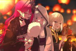  3girls baobhan_sith_(dream_portrait)_(fate) baobhan_sith_(fate) black_kimono blonde_hair blush closed_mouth cotton_candy fate/grand_order fate_(series) food gray_(fate) grey_eyes grey_hair grey_hood grey_kimono highres holding holding_cotton_candy holding_food japanese_clothes kimono long_hair multiple_girls open_mouth pink_hair pointy_ears red_kimono reines_el-melloi_archisorte shitsugaikotsu short_hair smile yukata 