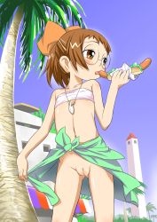  1girl blush bow brown_hair censored cleft_of_venus clothes_lift day eating female_focus flashing flat_chest food fujiwara_hazuki glasses halterneck highres hot_dog isawa_noori jewelry licking loli mosaic_censoring necklace no_panties ojamajo_doremi outdoors palm_tree ponytail pussy sarong sexually_suggestive short_hair skirt skirt_lift solo tree  rating:Explicit score:129 user:PowerToole
