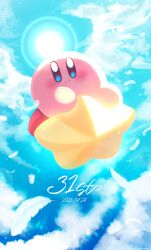  absurdres blue_eyes blue_sky blush closed_mouth cloud dated falling_feathers feathers highres kirby kirby_(series) nintendo no_humans parumezan sky warp_star 