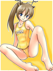 1girl animal_ears antlers barefoot blue_eyes blush breasts brown_hair chidejika cleavage collarbone covered_erect_nipples deer_ears deer_girl horns japan_commercial_broadcasters_association long_hair looking_at_viewer makuraneko_taisa name_tag one-piece_swimsuit personification ponytail school_swimsuit sitting small_breasts smile swimsuit yellow_background yellow_one-piece_swimsuit