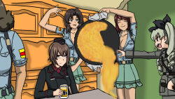  5girls alcohol anchovy_(girls_und_panzer) anzio_military_uniform aoshidan_school_uniform beer beer_mug belt black_belt black_hair black_jacket black_necktie black_shirt blue_shirt breasts brown_eyes brown_hair cleavage closed_eyes collared_shirt cross cup dark-skinned_female dark_skin dress_shirt drill_hair el_(girls_und_panzer) emblem garrison_cap girls_und_panzer green_hair green_skirt grey_jacket hair_intakes hair_ribbon hat holding holding_cup indoors iron_cross jacket kuromorimine_(emblem) kuromorimine_military_uniform large_breasts long_hair long_sleeves medium_hair military military_hat military_jacket military_uniform miniskirt mug multiple_girls necktie nishizumi_maho no_bra open_mouth original paella partially_unbuttoned pleated_skirt red_shirt ribbon school_uniform shirt short_hair short_sleeves skirt smile suspender_skirt suspenders suspenders_pull table teeth tristana_(girls_und_panzer) twin_drills twintails unbuttoned unbuttoned_shirt upper_teeth_only user_xncr4382 viridiana_(girls_und_panzer) 